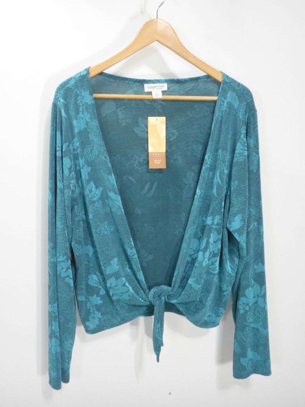 NWT Coldwater Creek Womens XL Travel Knit Top Crop Length Tie Front Teal Floral